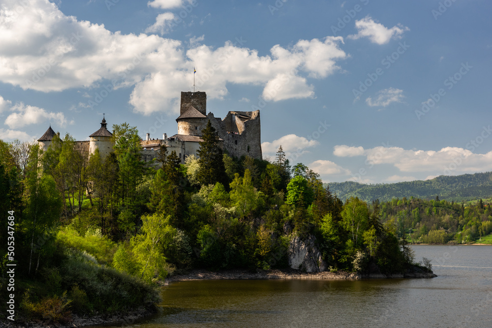 Niedzica Castle on Czorsztyn Lake in Pieniny Mountains, Poland at Spring