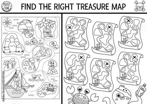 Find the right treasure map. Black and white treasure island matching activity for children. Sea adventures line educational quiz worksheet for kids. Printable coloring page.