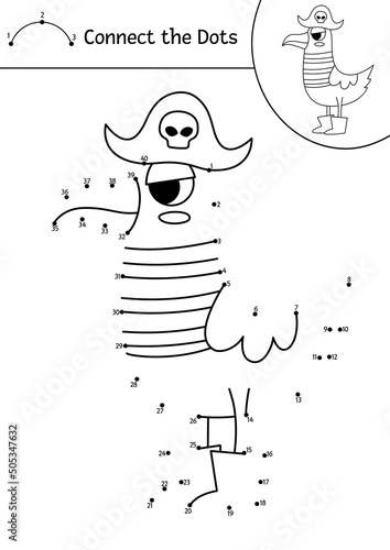 Vector dot-to-dot and color activity with cute pirate seagull. Treasure island connect the dots game for children with funny bird. Sea adventures coloring page for kids. Printable worksheet