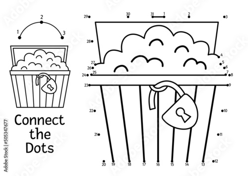 Vector dot-to-dot and color activity with treasure chest. Pirate island connect the dots game. Sea adventures coloring page for kids with trunk with coins. Printable worksheet with numbers.