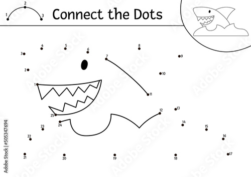 Vector dot-to-dot and color activity with cute shark. Treasure island connect the dots game with funny animal fish. Sea adventures coloring page for kids. Printable worksheet with numbers.