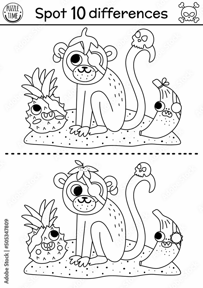 Black and white find differences game for children. Sea adventures line educational activity with cute pirate monkey, banana, pineapple. Treasure island printable worksheet, coloring page for kids. - obrazy, fototapety, plakaty 