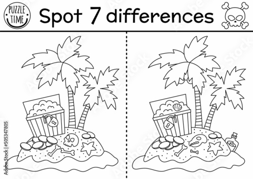 Black and white pirate find differences game for children. Sea adventures line educational activity with cute treasure island with palm trees and chest. Printable worksheet, coloring page for kids.