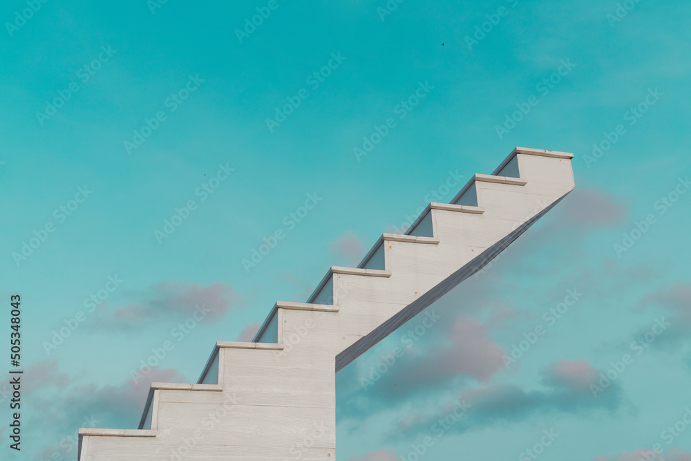 Φωτογραφία side view of white wooden stairs with fantasy blue sky and clouds, in the backgr