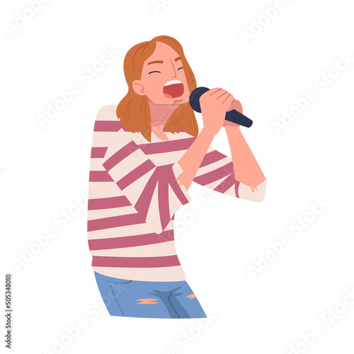 Woman Singer and Musician with Microphone Performing Music on Stage Vector Illustration
