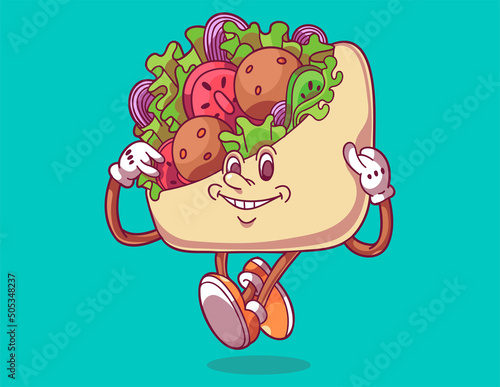 Horizontal bright poster in vintage style. Template for menu design, children's books, graphic prints. Cartoon illustration with smiling falafel. Original retro character.