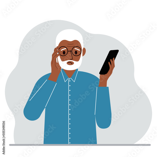 A man looks at a mobile phone. A man looks sadly at the phone he holds in his hand. Vector