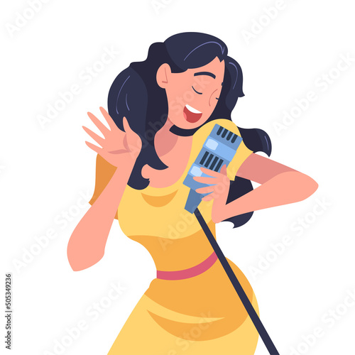 Woman Singer and Musician with Microphone Performing Music on Stage Vector Illustration