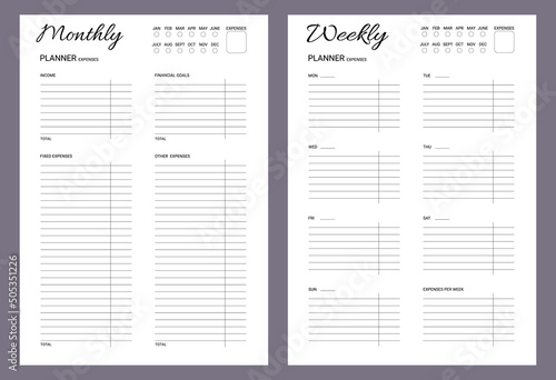 Monthly and Weekly Financial Planner to track income and Expenses black and white