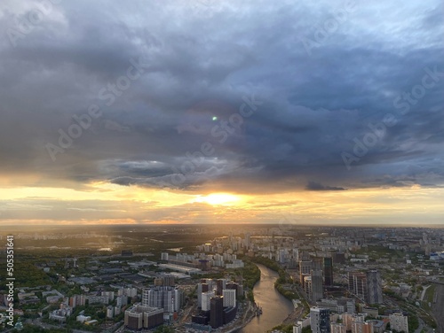 Beautiful Cityscape Sunset. Aerial view to city
