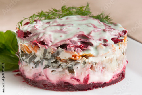  Layered shuba salad with beet, potato, carrot, pickled herring and mayonnaise.