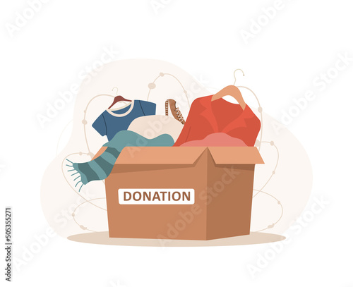 Clothes donation. Cardboard box full of different things. Volunteering and social care concept. Support for poor people. International charity day. Vector illustration in cartoon style.