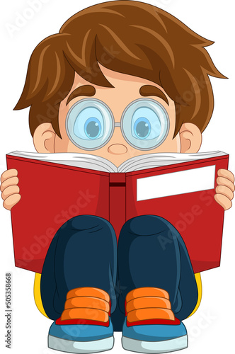 Cartoon little boy sitting and reading a book
