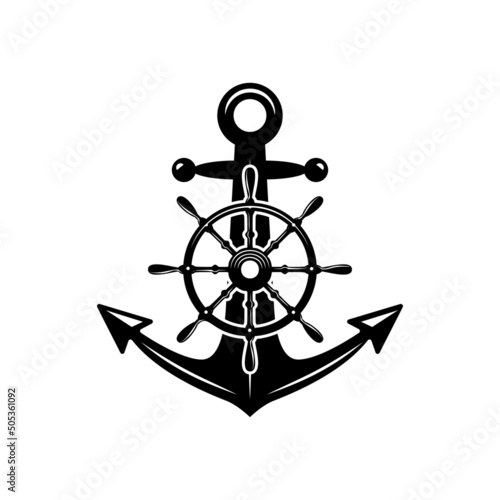 Illustration of an anchor with ship steering wheel in monochrome style. Design element for poster, card, banner, emblem, sign. Vector illustration