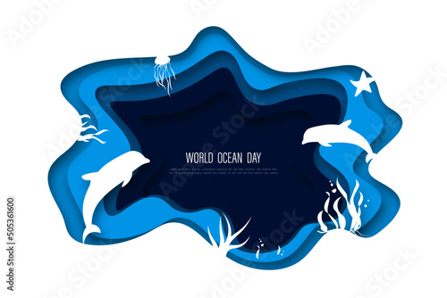 World ocean day vector illustration Web page design template in paper cut underwater ocean view.