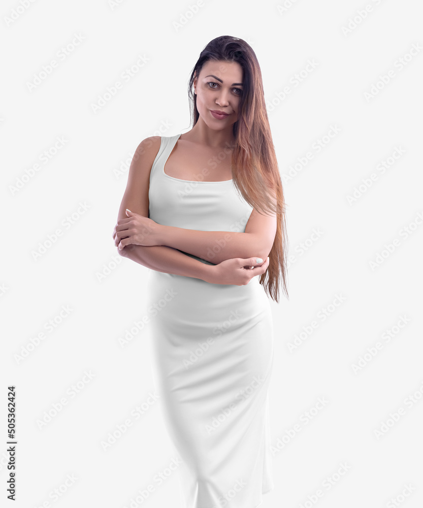 Mockup of a white tight-fitting sundress, on a girl with folded arms, long dark hair, isolated on background, front view, close-up. Mockup of a white tight-fitting sundress, on a girl with folded arms, long dark hair, isolated on background, front view, close-up.