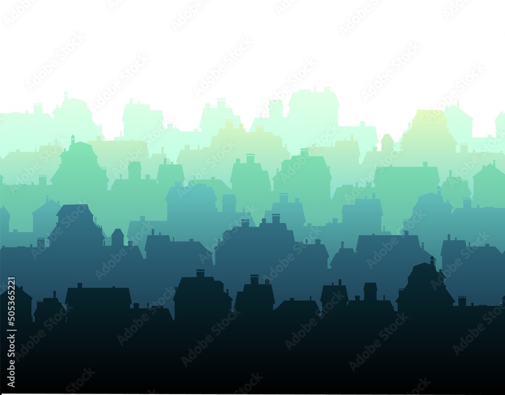 Fog city skyline. Horizontal seamless composition. Isolated on white background. Small city houses residential quarters. Cityscape with buildings. Housing silhouettes. Vector Fog city skyline. Horizontal seamless composition. Isolated on white background. Small city houses residential quarters. Cityscape with buildings. Housing silhouettes. Vector