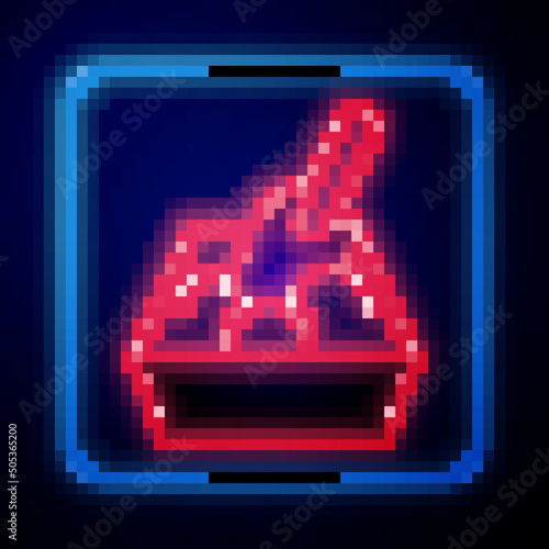 Glowing neon Cat litter tray with shovel icon isolated on black background. Sandbox cat with shovel. Vector