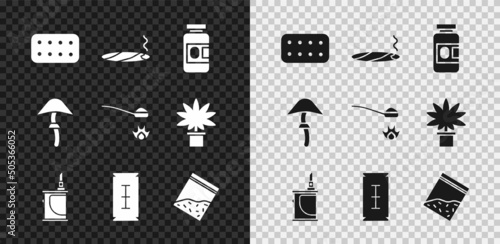 Set Pills in blister pack, Cigar with smoke, Medicine bottle and pills, Electronic cigarette, Blade razor, Plastic bag of drug, Psilocybin mushroom and Heroin spoon icon. Vector