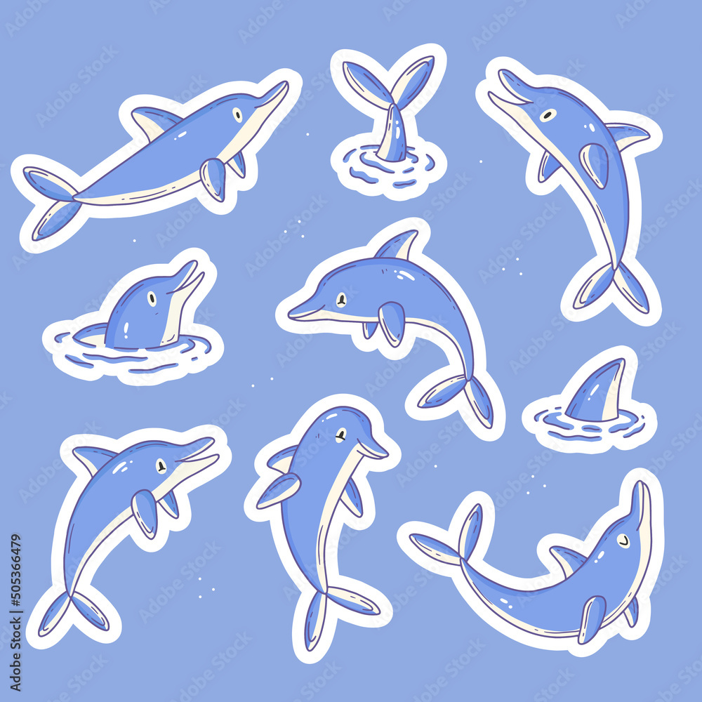 Stickers with cute dolphin characters. A sticker template with cartoon animals. Vector animal illustration. Stickers with cute dolphin characters. A sticker template with cartoon animals. Vector animal illustration.