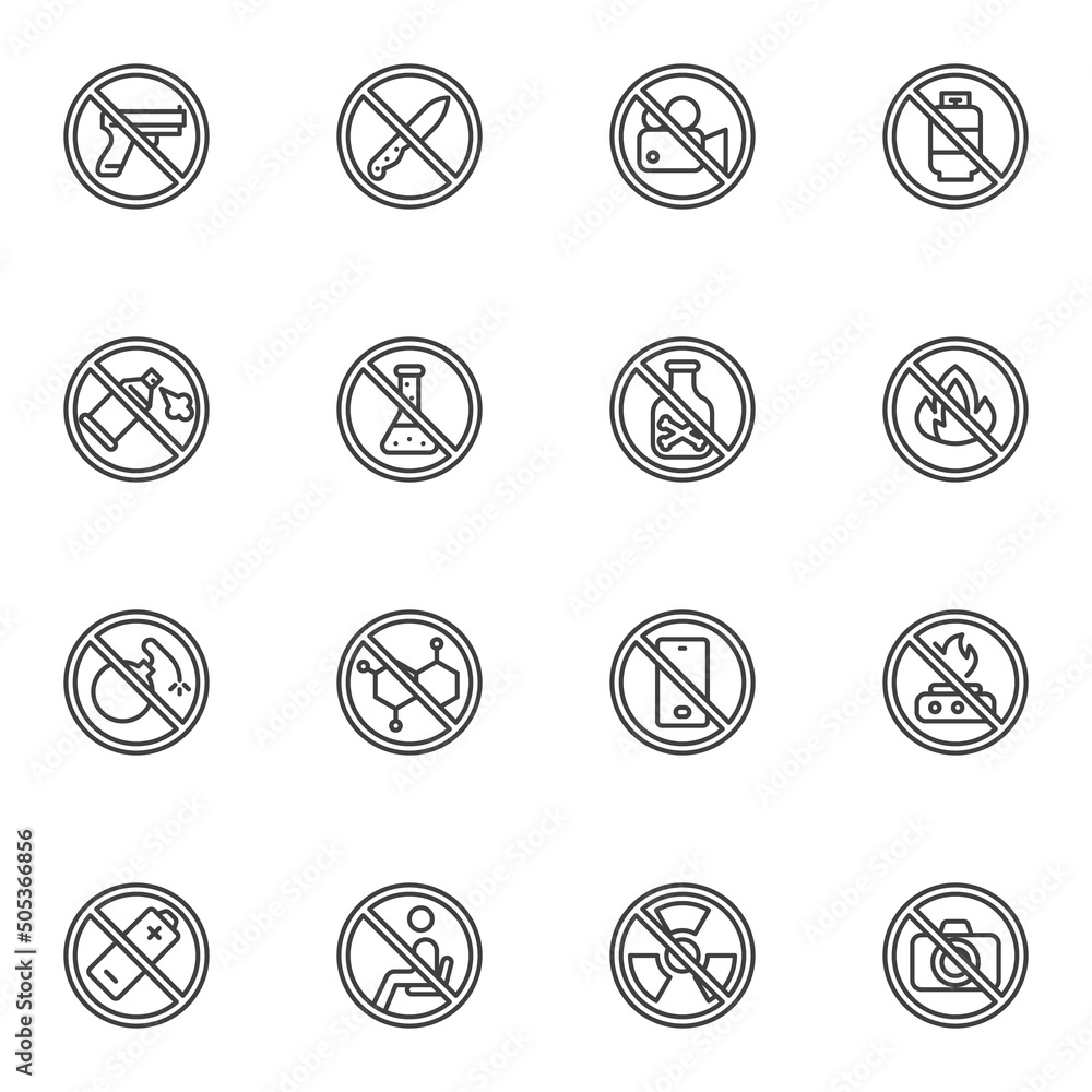 Fotografie Aviation prohibited items line icons set
