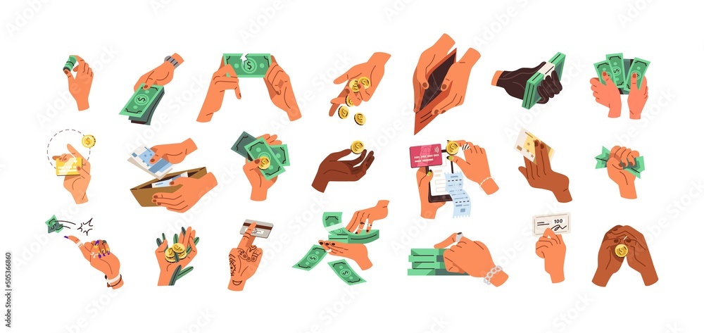 Hands holding money set. Arms with coins, banknotes, bank cards, dollar and euro bills, paying, counting, giving currency. Finance icons. Flat vector illustration isolated on white background - obrazy, fototapety, plakaty 