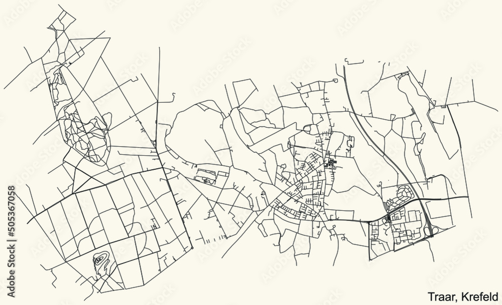 Detailed navigation black lines urban street roads map of the TRAAR DISTRICT of the German regional capital city of Krefeld, Germany on vintage beige background