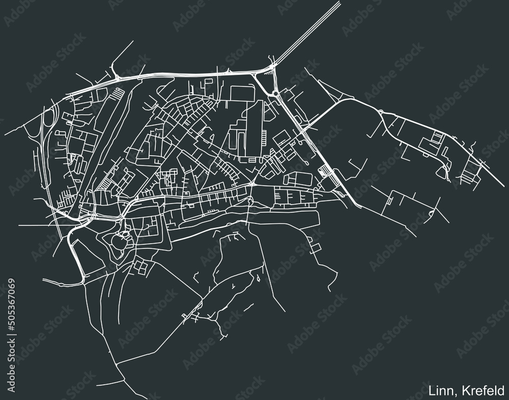 Detailed negative navigation white lines urban street roads map of the LINN DISTRICT of the German regional capital city of Krefeld, Germany on dark gray background