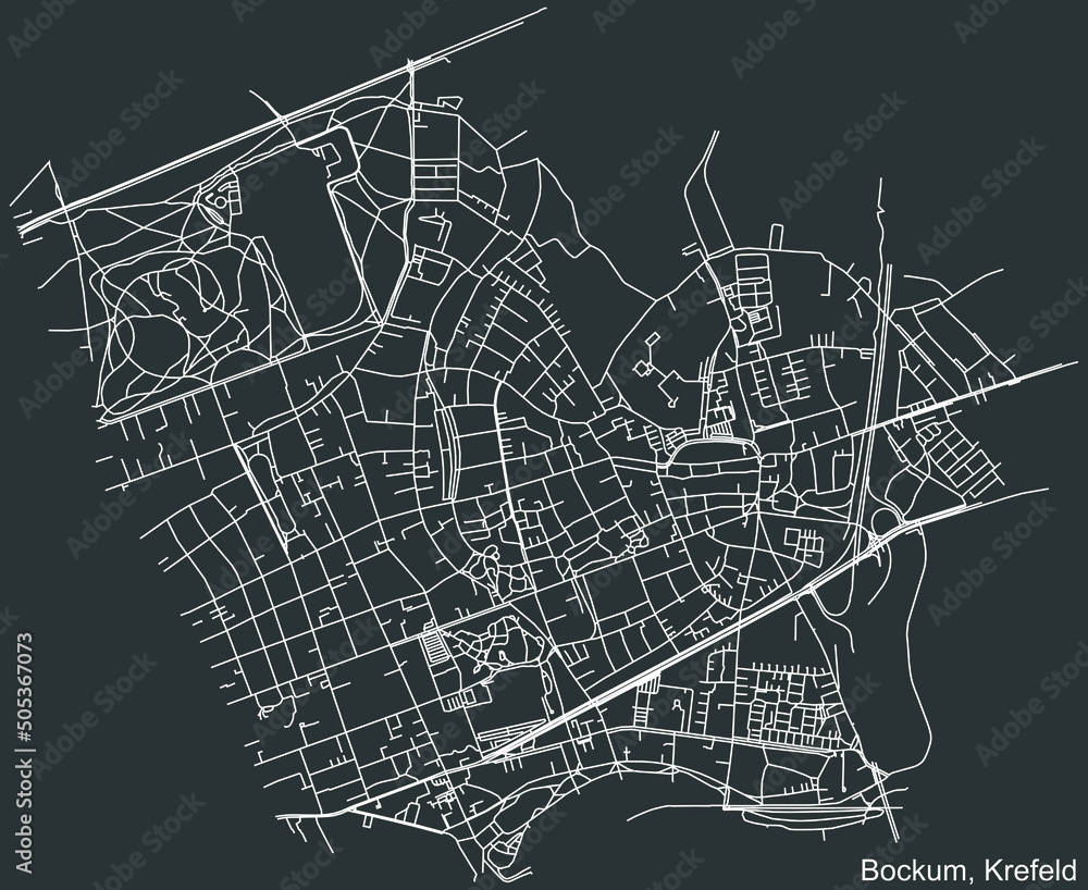 Detailed negative navigation white lines urban street roads map of the BOCKUM DISTRICT of the German regional capital city of Krefeld, Germany on dark gray background