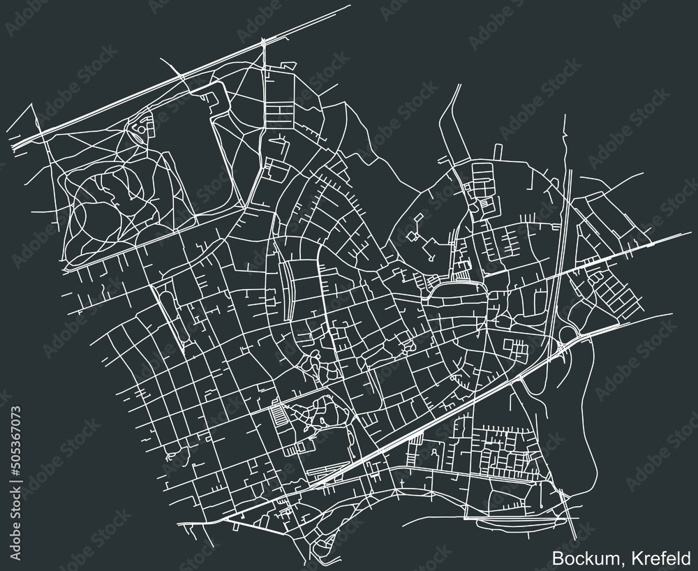Detailed negative navigation white lines urban street roads map of the BOCKUM DISTRICT of the German regional capital city of Krefeld, Germany on dark gray background Detailed negative navigation white lines urban street roads map of the BOCKUM DISTRICT of the German regional capital city of Krefeld, Germany on dark gray background