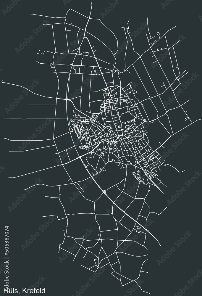 Detailed negative navigation white lines urban street roads map of the HÜLS DISTRICT of the German regional capital city of Krefeld, Germany on dark gray background