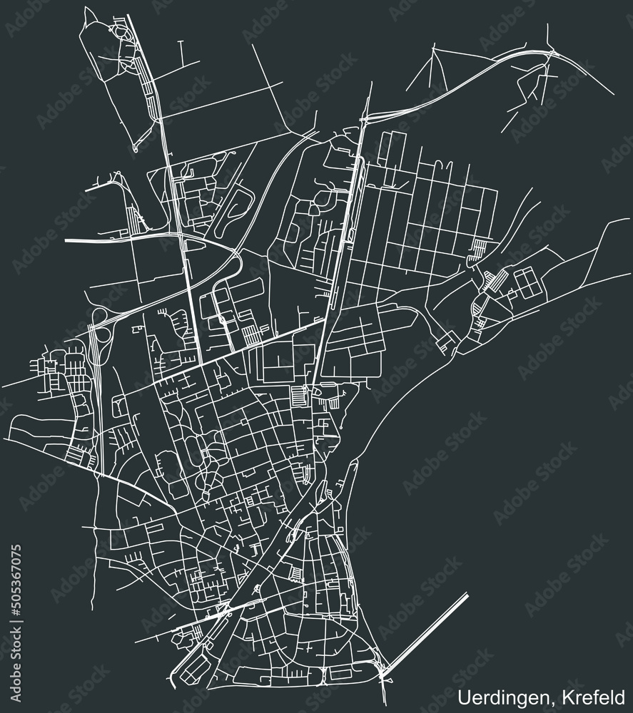 Detailed negative navigation white lines urban street roads map of the UERDINGEN DISTRICT of the German regional capital city of Krefeld, Germany on dark gray background
