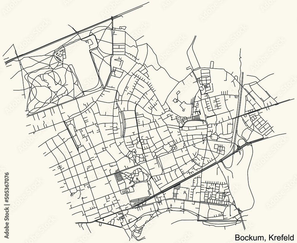 Detailed navigation black lines urban street roads map of the BOCKUM DISTRICT of the German regional capital city of Krefeld, Germany on vintage beige background
