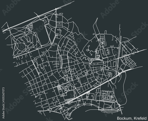 Detailed negative navigation white lines urban street roads map of the BOCKUM DISTRICT of the German regional capital city of Krefeld  Germany on dark gray background