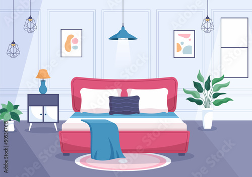 Cozy Bedroom Interior with Furniture Like Bed  Wardrobe  Bedside Table  Vase  Chandelier in Modern Style in Cartoon Vector Illustration