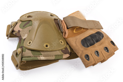 Tactical military knee pad, combat fingerless glove on white background photo
