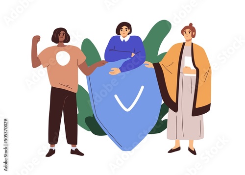 Women with secure tick on shield, protecting safety, female rights. Life insurance, security, privacy protection concept. Feminists at defence. Flat vector illustration isolated on white background