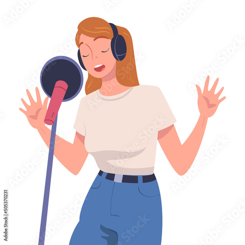 Woman Singer and Musician with Microphone Performing Music on Stage Vector Illustration