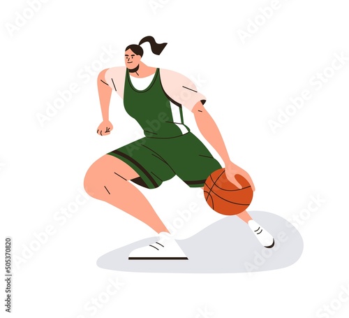 Woman sports player playing basketball. Female athlete pivoting with ball. Girl at athletic game, training. Sportswoman in uniform moving. Flat vector illustration isolated on white background