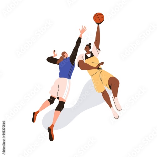 Woman athletes play basketball. Players competitors rivals fighting for ball, jumping up at sports tournament, international competition. Flat graphic vector illustration isolated on white background