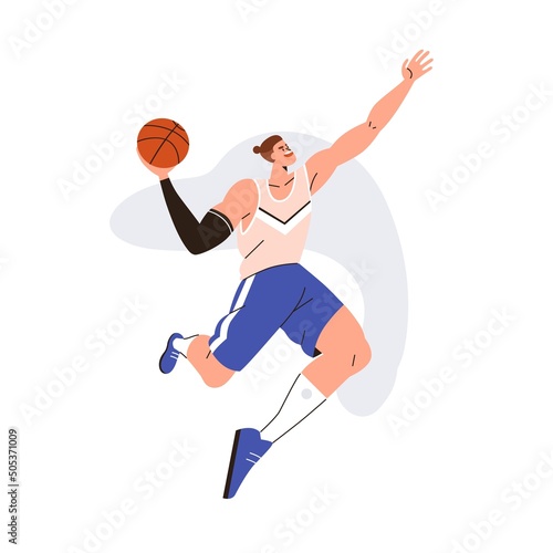 Basketball player with ball in hand  throwing it  jumping up. Strong man athlete in movement  action during shooting  playing sports game. Flat vector illustration isolated on white background