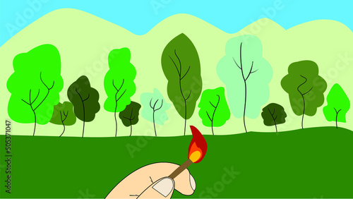 People holding lighted match with forest background, concept of arson or forest destruction or open burning photo