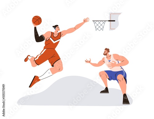 Basketball players competitors playing at tournament. Athlete jumping up, throwing, dunking ball into net basket, scoring goal in sports game. Flat vector illustration isolated on white background