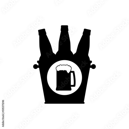 Beer bottles in a bucket with beer mug icon. Black silhouette on white background. Isolated vector editable template.