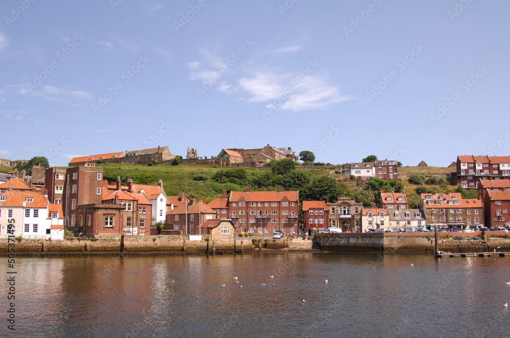 British seaside town of Whitby, view of the old town in the coastal country