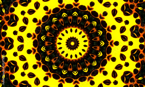 Yellow Floral pattern, seamless kaleidoscope. Kaledoscope pattern for manufacturing of packaging, scrapbooking, gift wrapping, books, booklets., alboms. photo