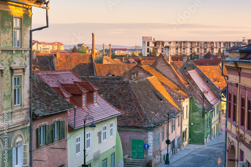 European old town. Sunrise in historical center of Sibiu, Romania