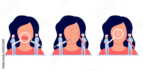 Plastic surgery, cosmetology concept, medical cosmetic correction and procedure on lips, nose, skin face. Facelift, facial beauty plastic operation, injection for volume lips, rhinoplasty. Vector