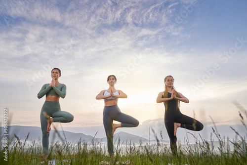 Front view of tree pretty women looking at camera, holding pose of tree with hands in namaste. Attractive female doing Ekapada asana from yoga in morning. Carpathian in fog on background.