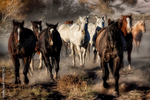 Herd of wild horses running free.